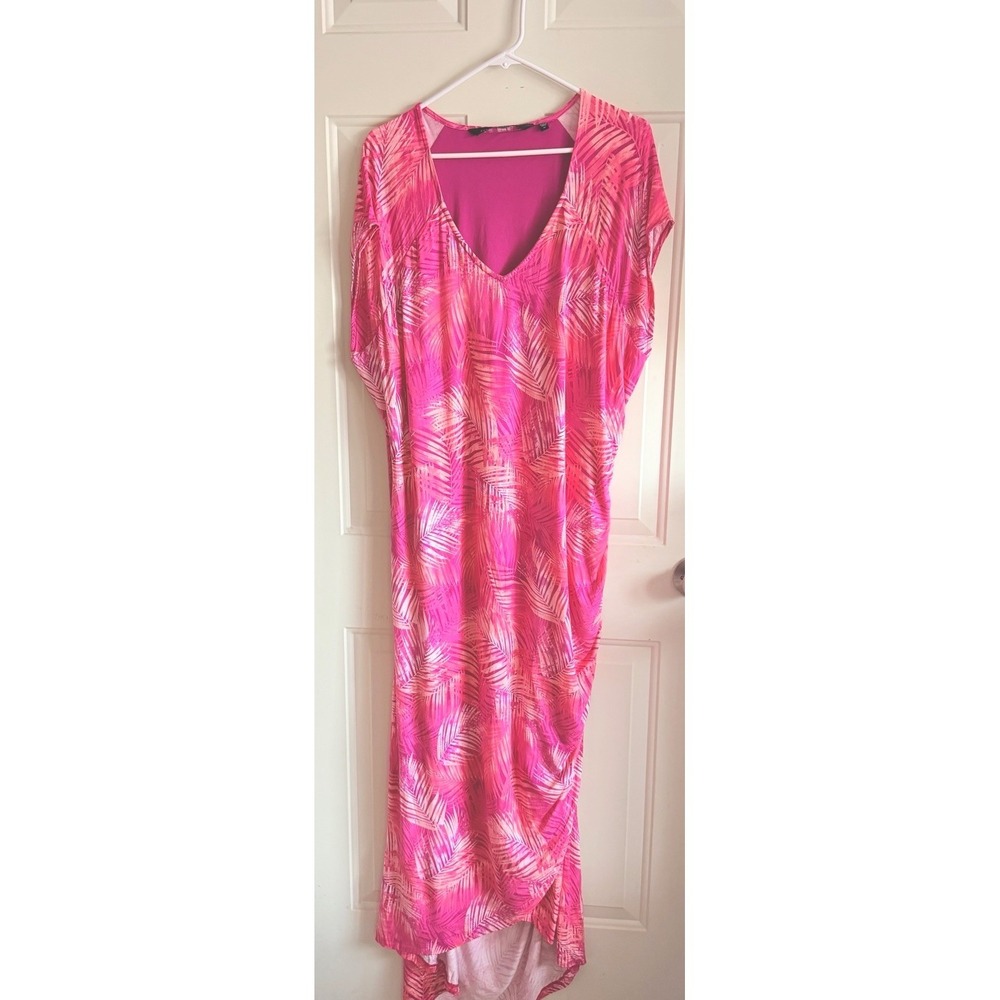 Colleen Lopez 2X Pink Tropical Palm Print Maxi Dress Cover Up Plus Size Resort